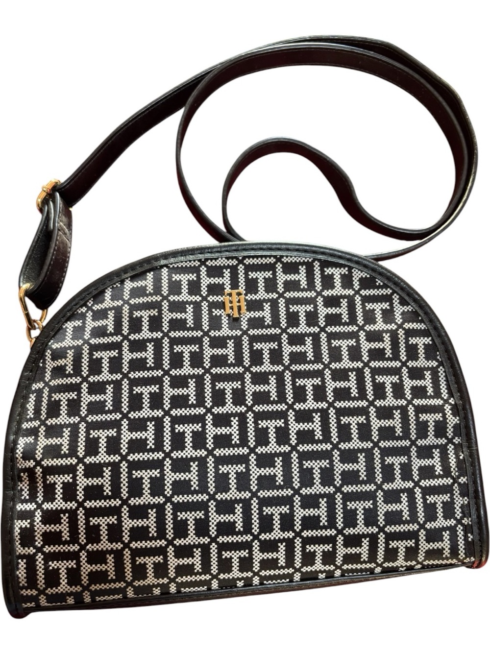 Tommy Hilfiger Black Geometric Crossbody Bag with Gold Accent